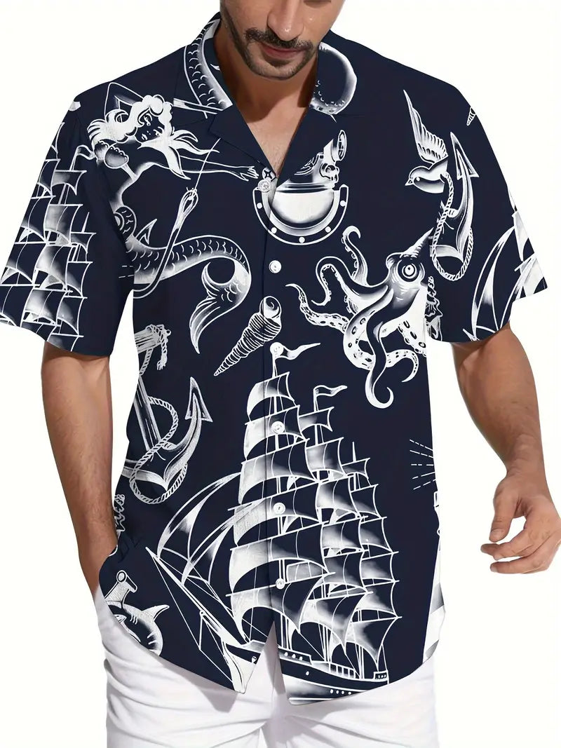 Navy Blue Nautical Hawaiian Shirt